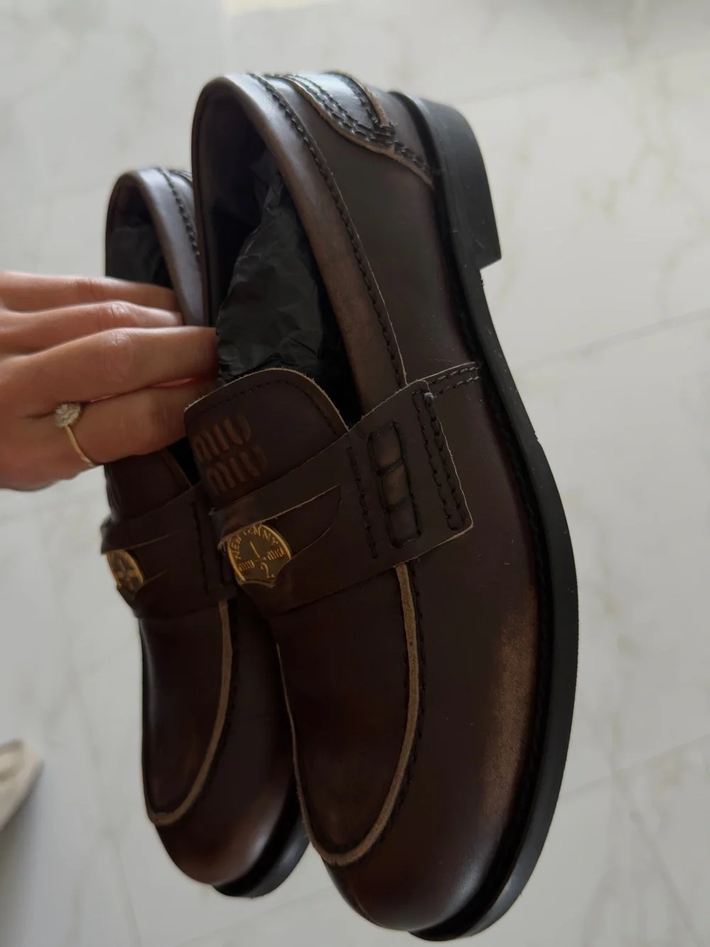 Miu Miu Dark Brown Leather Loafers with Gold Crest % AUTHENTIC